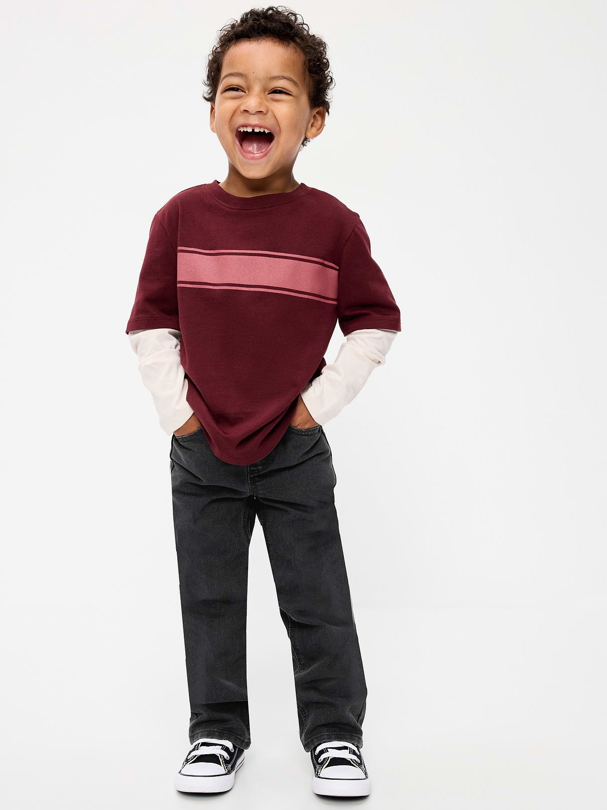 Image 1 of 2, elasticized pull-on waistband, functional snap-button, built-in belt loops, faux fly, scoop pockets and coin pocket at front, patch pockets at back, Product #422209