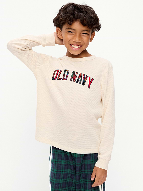 Long-Sleeve Waffle-Knit Logo Graphic T-Shirt for Boys