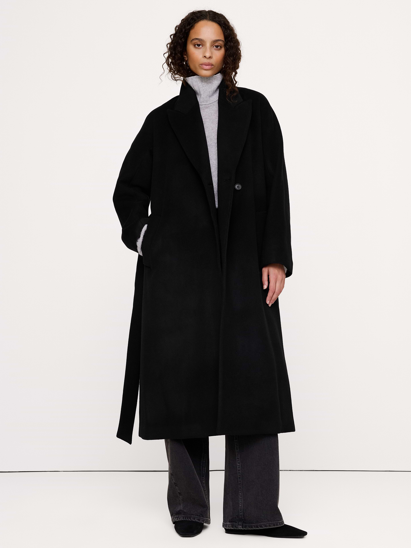 Image 1 of 6, Our version of the season's wrap coat, cut in a relaxed silhouette from a warm Italian fabric woven from wool and cashmere., Relaxed Fit: A straight & roomy fit with dropped shoulder seams., Fabric from Italy's Fratelli Balli mill., Peak lapel with button closure. Belted., Front pockets., Unlined., Product #1180462