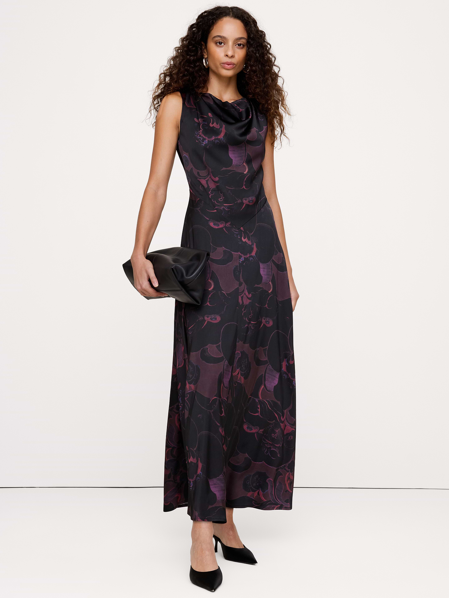 Image 1 of 8, We cut this statuesque maxi dress from a stretch-satin fabric so it looks (and feels) fabulous. We also added a draped cowl neck and v-waist that flatters like it was made for you. Because it was., Fit & Flare: Relaxed through chest and shoulders, fitted waist with a flare skirt., Cowl neck., Zip closure at back., Unlined., Product #1180149