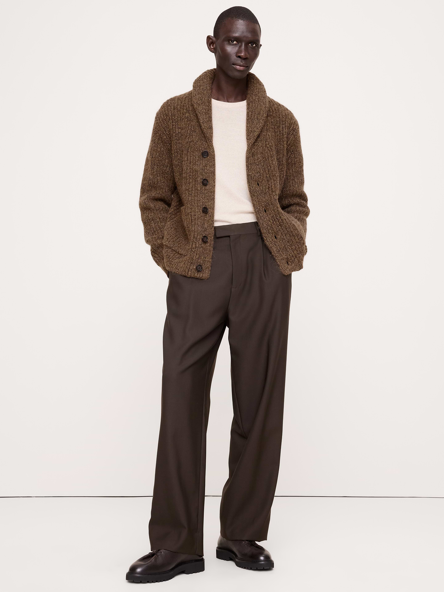 Image 1 of 6, Ideal for cool weather, this substantial cardigan is cut from a soft wool-blend with beautiful dimension. We added a shawl collar for extra cozy layering., Relaxed Fit: A straight & roomy fit with dropped shoulder seams., Shawl collar with button closure., Front pockets., Straight hem., Product #907512