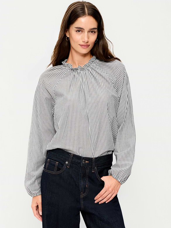 Long-Sleeve Ruffle-Neck A-Line Top