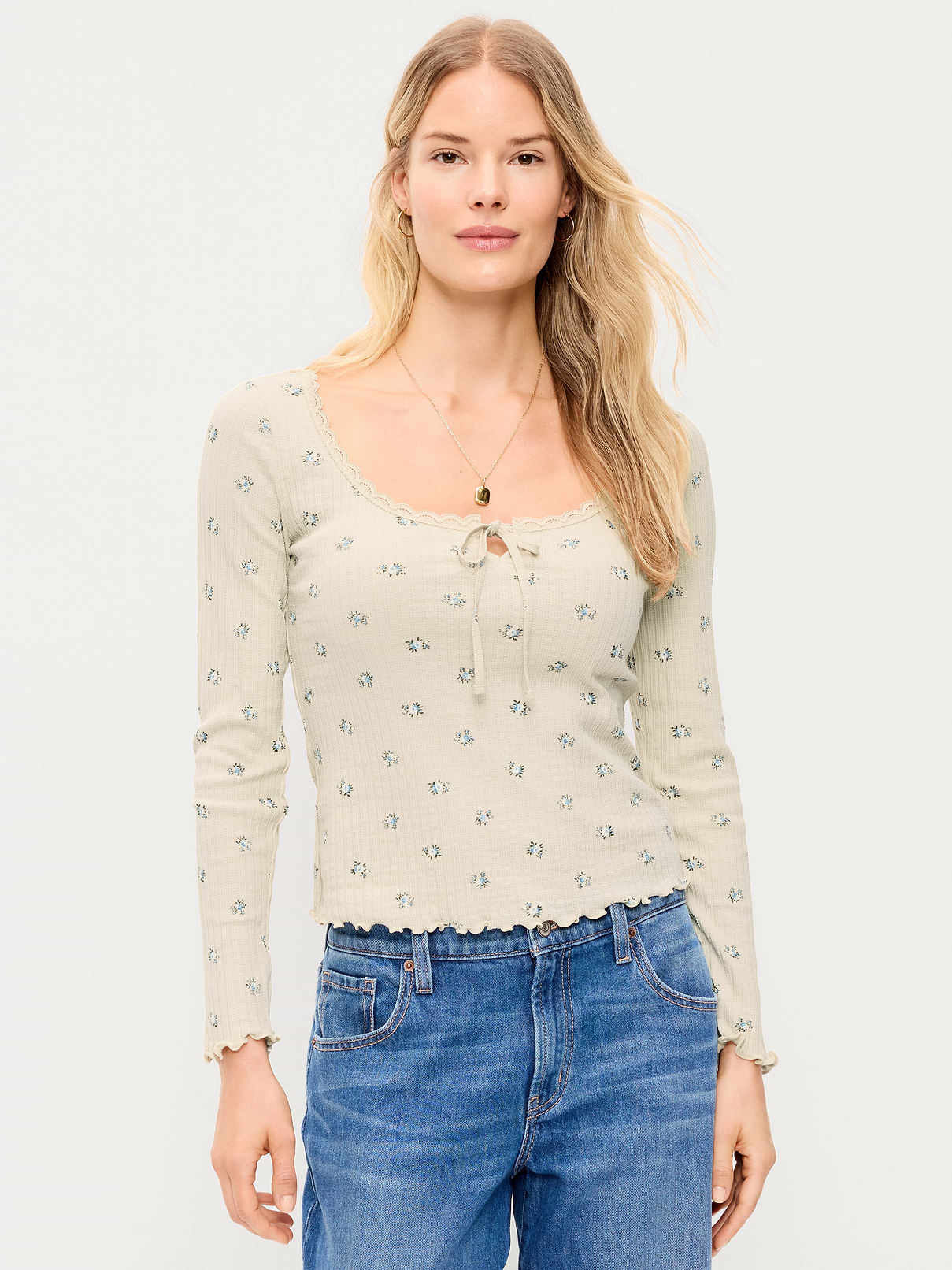 Long-Sleeve Pointelle Knit Lace-Trim Top
