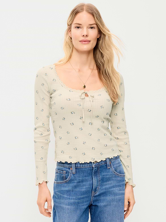 Long-Sleeve Pointelle Knit Lace-Trim Top