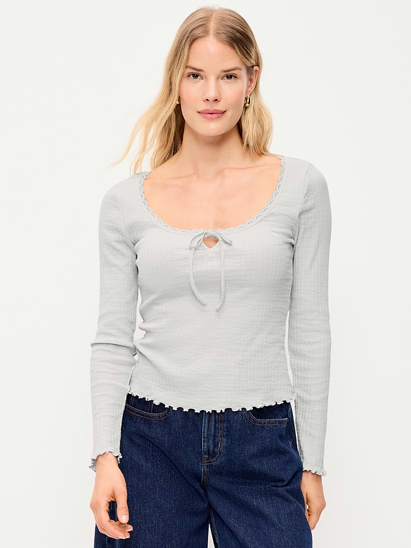 Long-Sleeve Pointelle Knit Lace-Trim Top