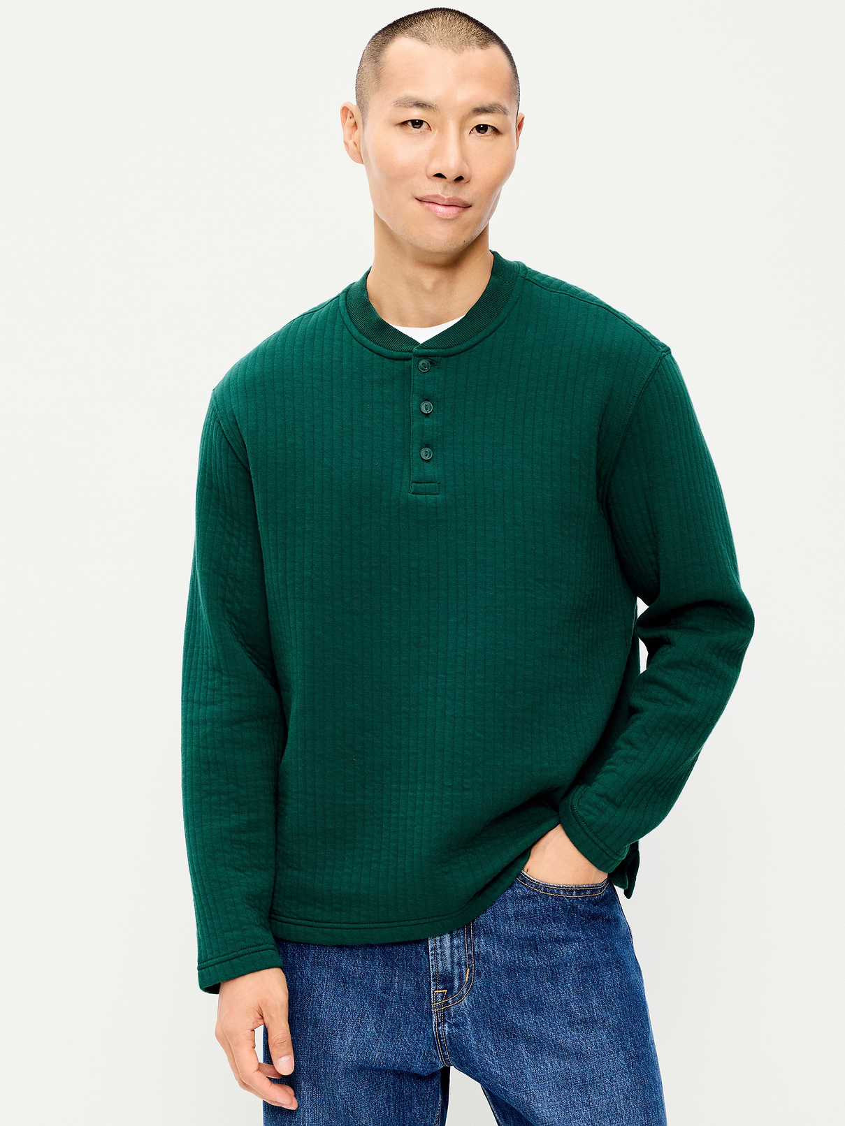 Long-Sleeve Quilted Fleece Henley Sweatshirt