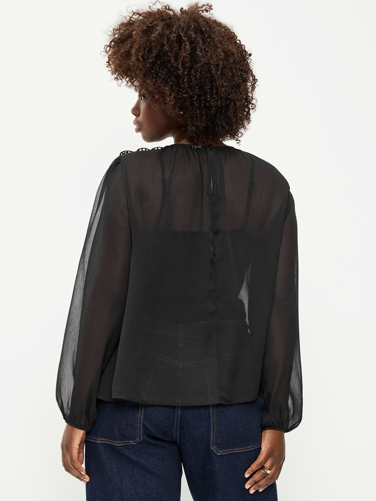 Image 3 of 3, Long-Sleeve Chiffon Sheer Lace-Trim Top