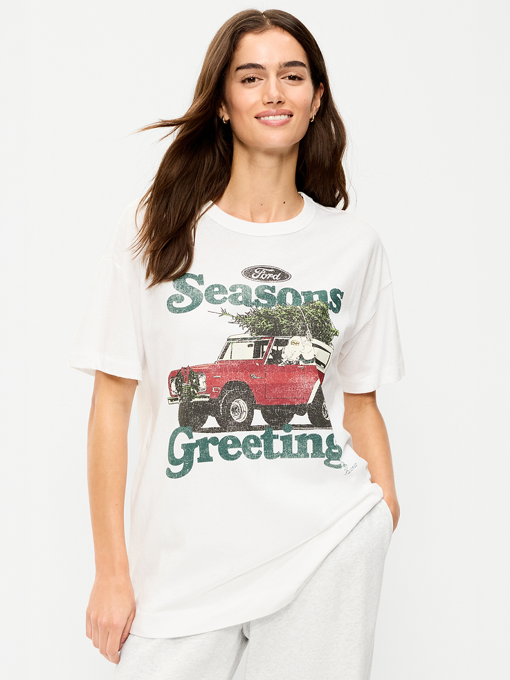 Image 1 of 9, rib-knit crew neck, short drop-shoulder sleeves, licensed graphic at front, © 2026 Ford Motor Company, Product #916024