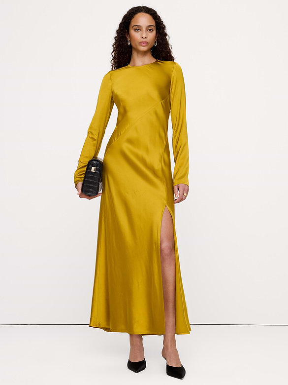Bias-Cut Stretch-Satin Maxi Dress with Slit