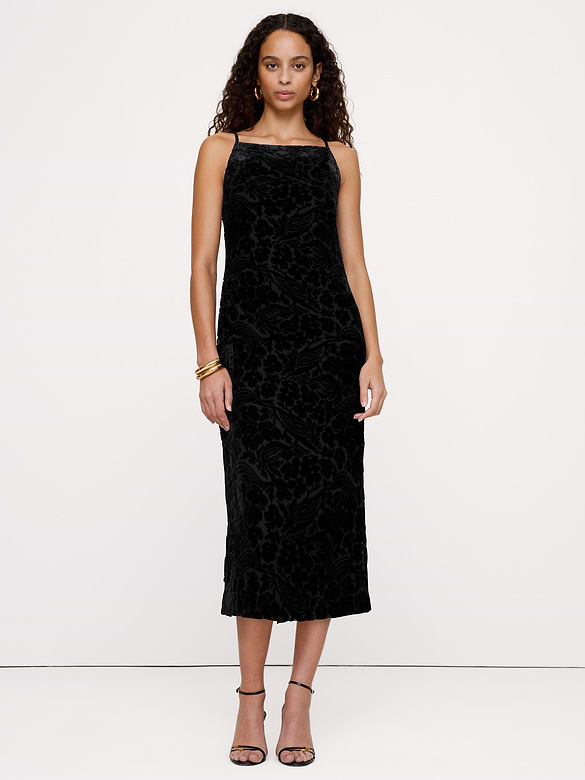 Burnout Velvet Square-Neck Midi Dress