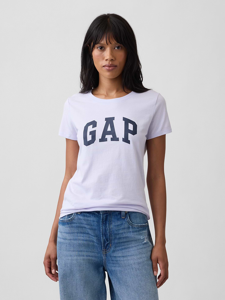Image 1 of 5, Soft jersey knit., Short sleeves., Crewneck., Gap logo at front., This product was made in a factory that invests in gender equity and women’s empowerment through RISE. Learn more at, Product #1187648
