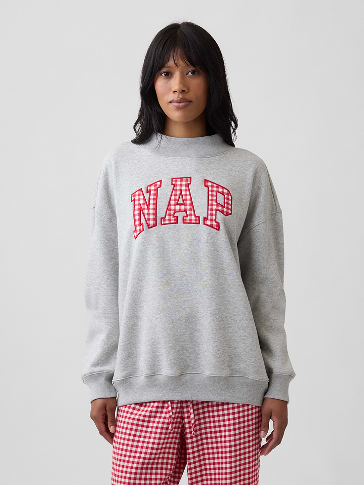 Image 1 of 5, This product is made with/contains 23% recycled polyester. Compared to virgin materials, using recycled materials helps reduce resource use and waste., Soft, comfy fleece., Dropped shoulder, long sleeves with banded cuffs., Mockneck., Nap graphic at front., Banded hem., Product #1199690