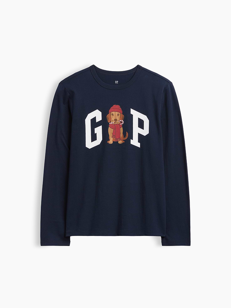 Image 1 of 3, Soft jersey knit., Long sleeves., Crewneck., Gap logo with graphic at front., This product was made in a factory that invests in gender equity and women’s empowerment through RISE. Learn more at, Product #1194931