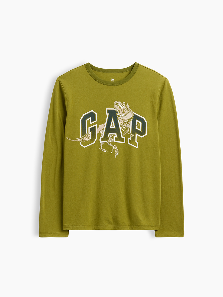 Image 1 of 3, Soft jersey knit., Long sleeves., Crewneck., Gap logo with graphic at front., This product was made in a factory that invests in gender equity and women’s empowerment through RISE. Learn more at, Product #1194941
