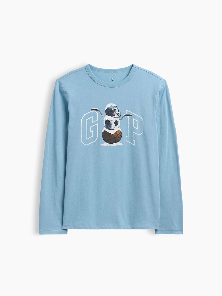 Image 1 of 3, Soft jersey knit., Long sleeves., Crewneck., Gap logo with graphic at front., This product was made in a factory that invests in gender equity and women’s empowerment through RISE. Learn more at, Product #1194934