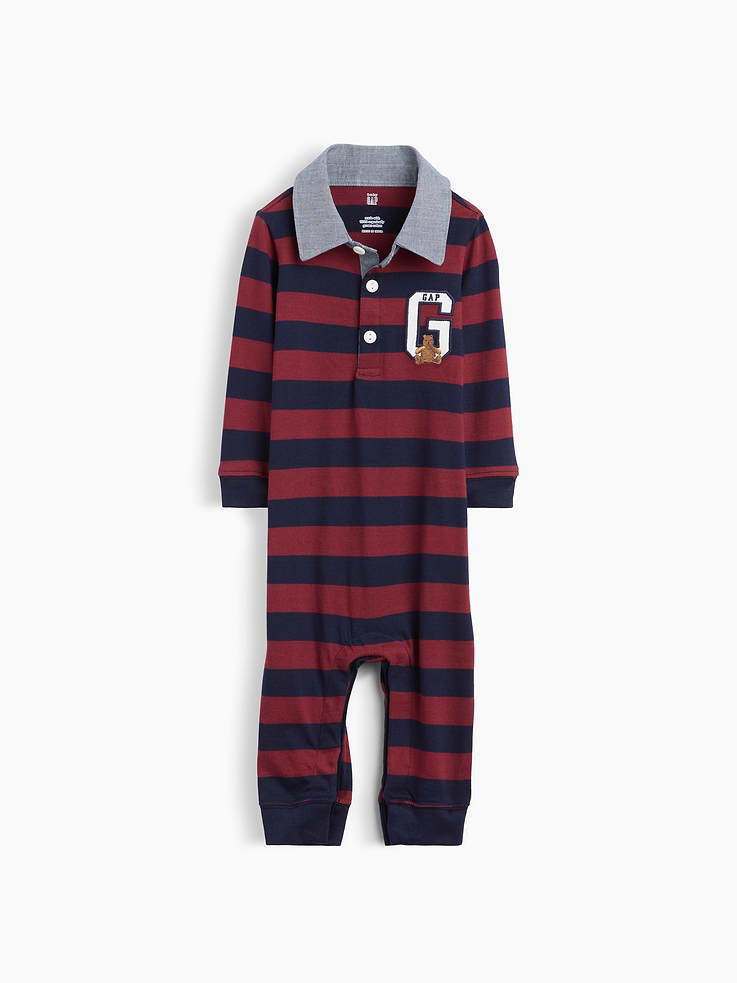 Image 1 of 2, Soft cotton jersey baby one-piece., Spread collar with front button placket., Long sleeves., Embroidered Brannan Bear at chest., Banded cuffs., Snaps at inseam for easy dressing and diapering., Certain styles have a Gap varsity-style "G" logo at chest and allover colorblock design., Certain styles have allover stripes., Product #913843