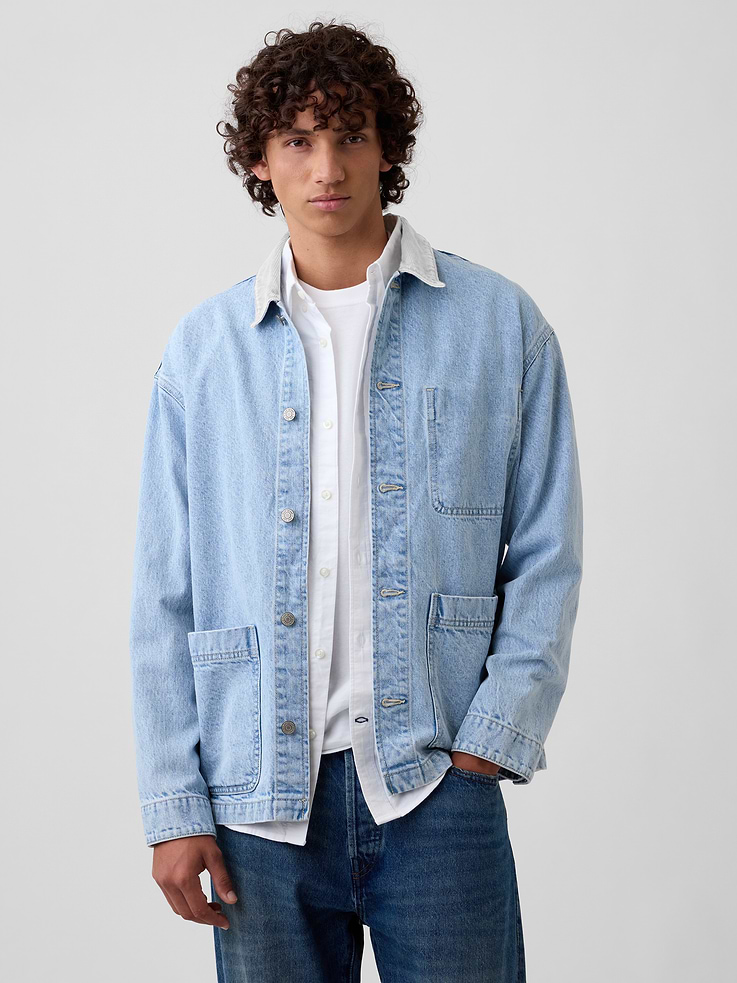 Image 1 of 5, This product is made with/contains 5% recycled cotton. Compared to virgin materials, using recycled materials helps reduce resource use and waste., This product is part of our water-saving Washwell program. Compared with conventional wash methods, Washwell uses at least 20% less water., Non-stretch denim., Dropped shoulder, long sleeves with button cuffs., Corduroy spread collar, button front., Patch pockets at front., Product #1179290