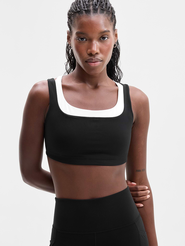 Image 1 of 4, BEST FOR STUDIO: yoga + barre + pilates, IMPACT: Light-impact workouts, best for D-DD cups, FEEL: Powervita fabric is buttery soft with support that feels like a gentle hug, FAVE: Double-layered for added coverage, plus four cross-back straps for balanced support, Pad-free design gives light, low-profile support, Product #603748