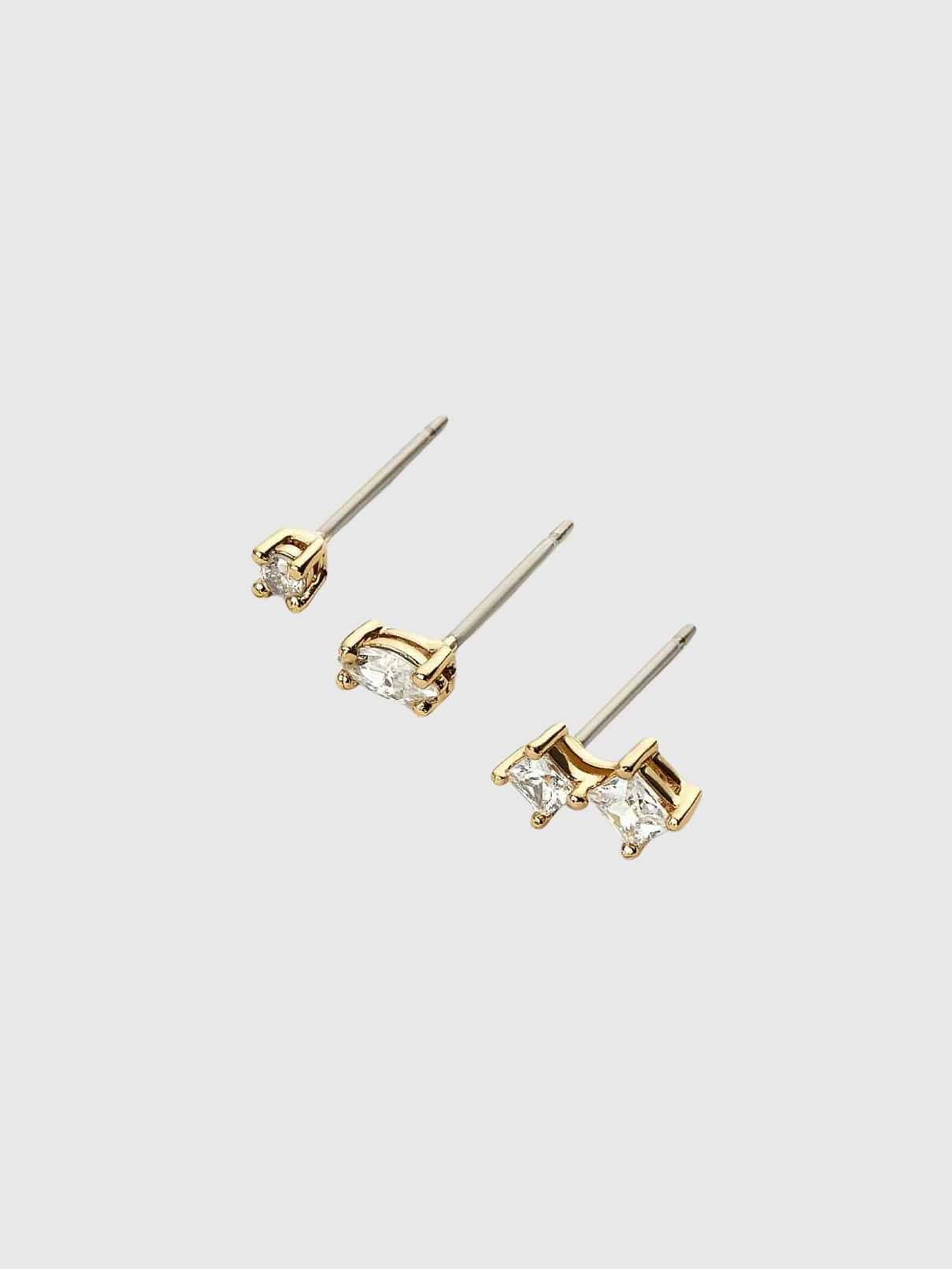 Image 1 of 3, This stud earrings set with white cubic zirconia set in prongs is sure to add a bit of sparkle to your earring game., Dipped in 14K gold, these earrings are delightfully comfortable and so lightweight, you'll forget you have them on., Mix or match these sparkling studs earrings set for an original look or create the ultimate ear stack., Ana Luisa pieces are made with high-performance materials that must pass rigorous physical and chemical tests to withstand daily wear and tear., Products are designed to be lifeproof: tarnish-free, water-resistant, and hypoallergenic.