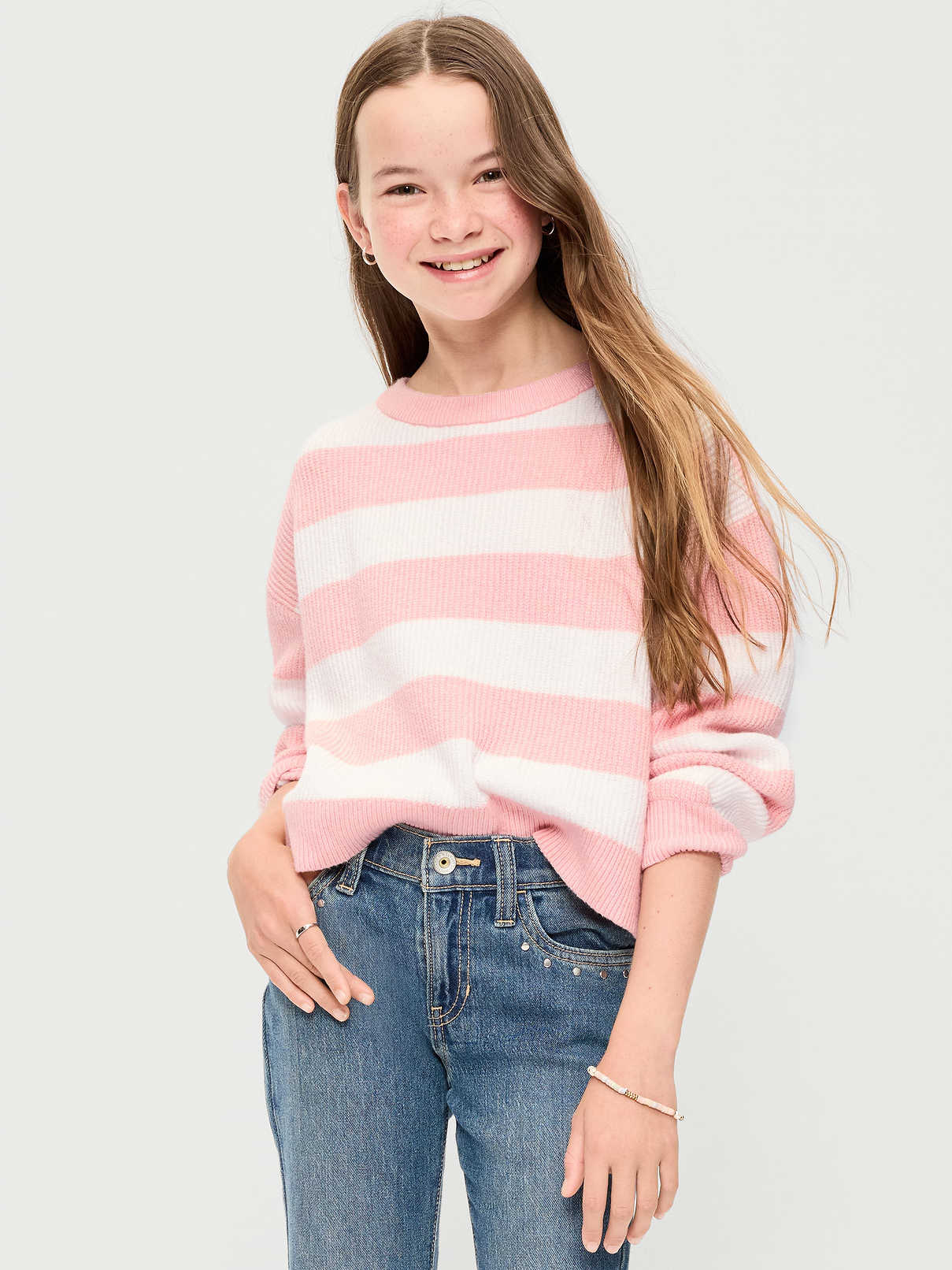 Image 1 of 2, crew neck, long sleeves, drop shoulders, cable-knit detail, Product #903200