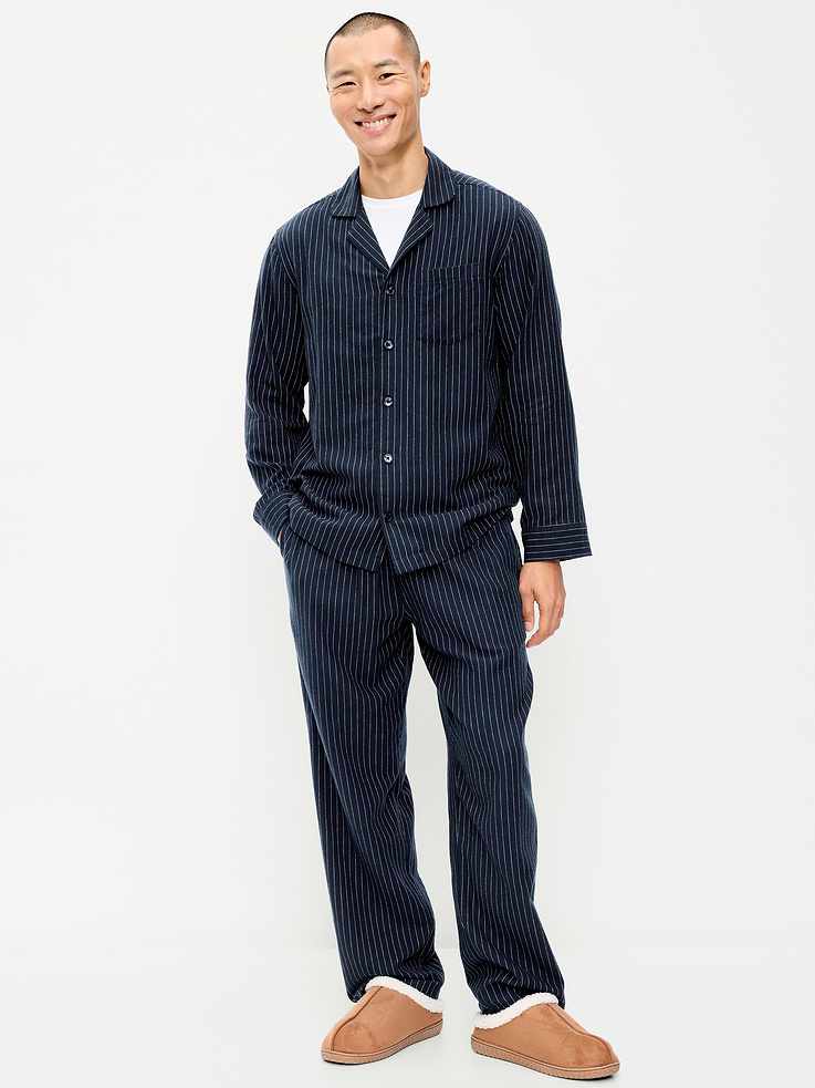 Image 1 of 3, set includes pajama shirt and matching pants, spread collar, long sleeves, button front, patch front chest pocket, elastic drawstring waist pajama pants, on-seam pockets, prints match back to the fam, Product #905006