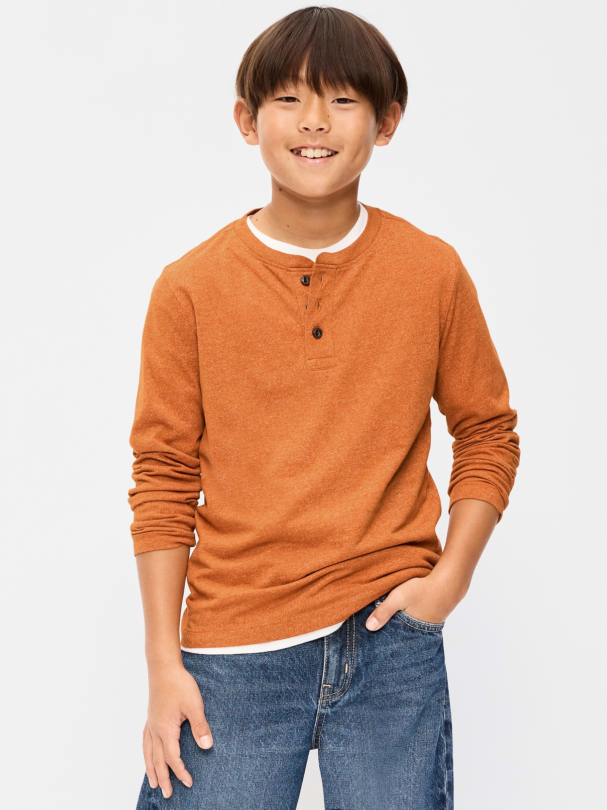 Image 1 of 1, crew neck, long sleeves, three-button henley placket, Product #907361