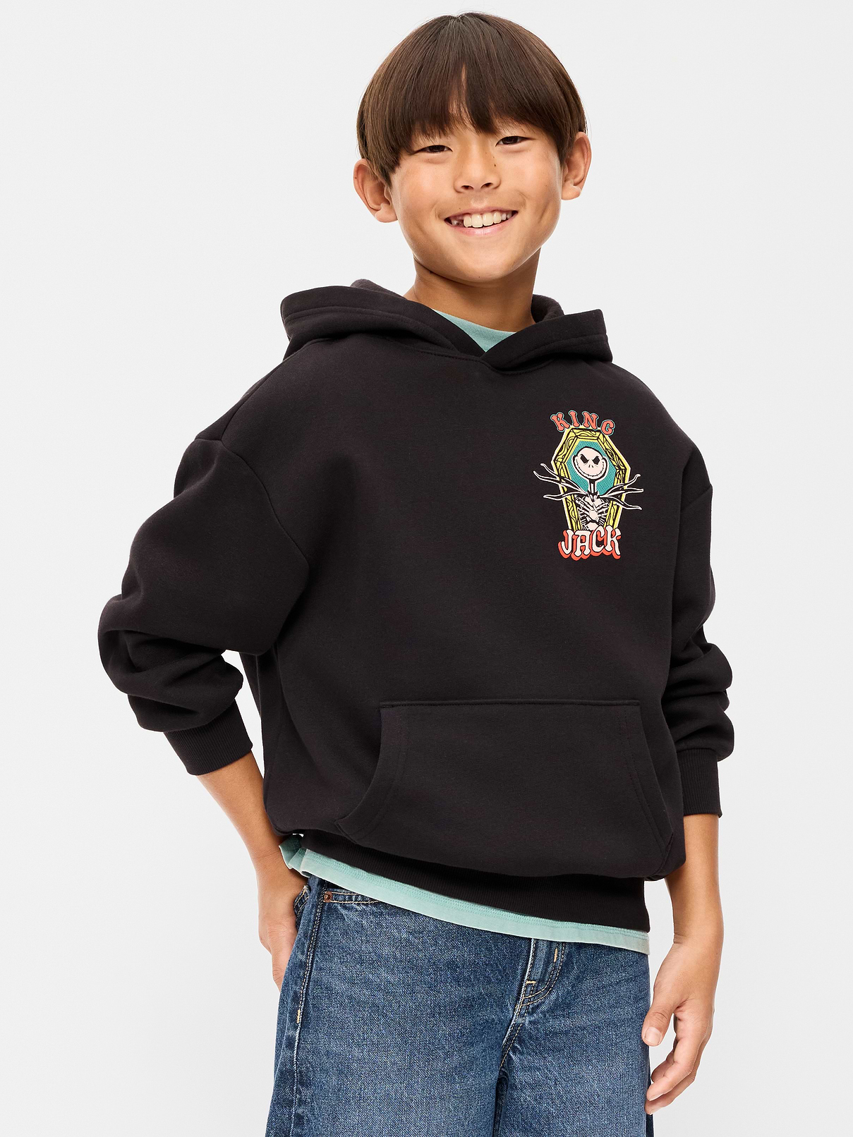 Image 1 of 2, built-in hood, long sleeves, drop shoulders, kangaroo pocket, licensed graphic, banded hem, ©Disney., Product #905434