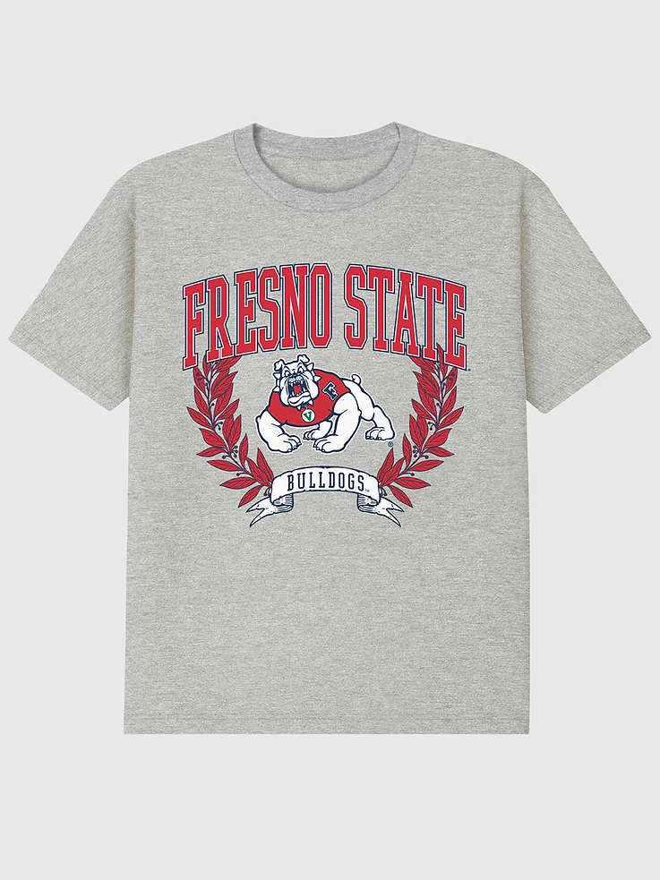 Image 1 of 4, 6oz Heavyweight T-shirt., Relaxed, contemporary fit., Hits at the hip., Crewneck., Short sleeves., Officially licensed California State University, Fresno Laurels Dark graphic at the front. Trevco partners with Gap on DTC licensed merch from the coolest brands, TV shows, and movies. Trusted by more than 1, 200 brands worldwide and 600+ American colleges & universities, Trevco is a premier provider of officially licensed apparel., This item is printed on demand.