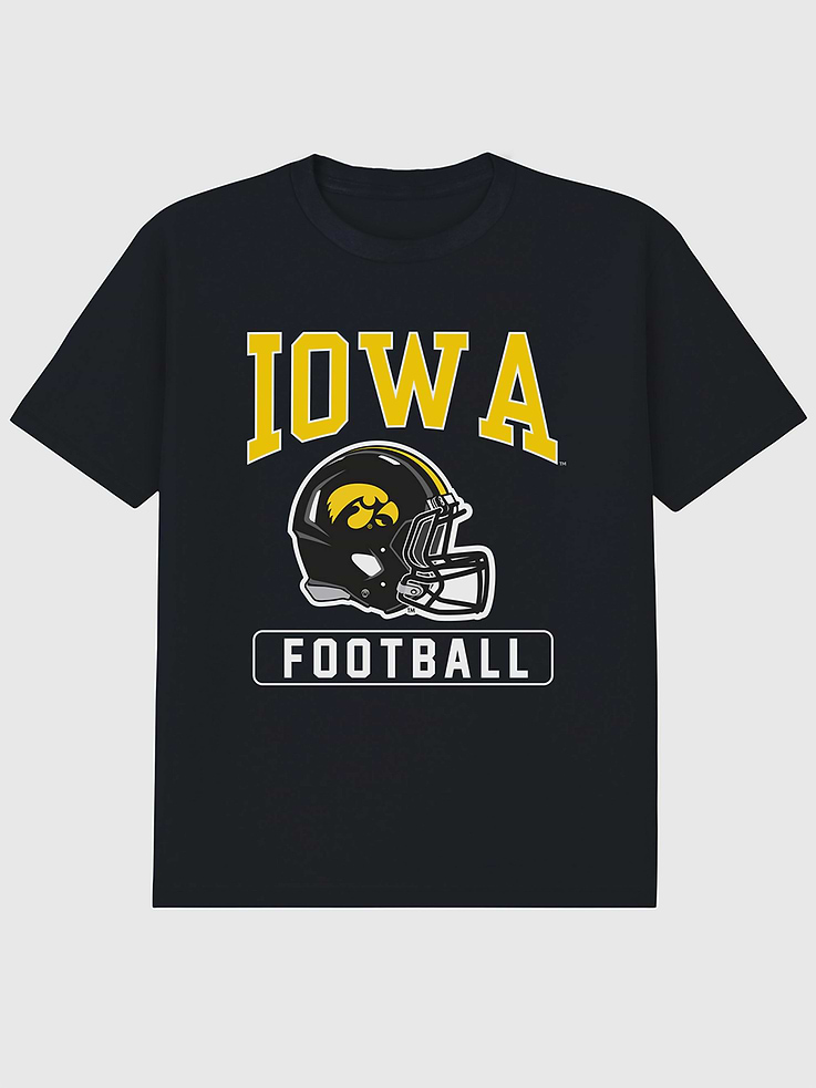 Image 1 of 4, 6oz Heavyweight T-shirt., Relaxed, contemporary fit., Hits at the hip., Crewneck., Short sleeves., Officially licensed University Of Iowa Football Helmet graphic at the front. Trevco partners with Gap on DTC licensed merch from the coolest brands, TV shows, and movies. Trusted by more than 1, 200 brands worldwide and 600+ American colleges & universities, Trevco is a premier provider of officially licensed apparel., This item is printed on demand.