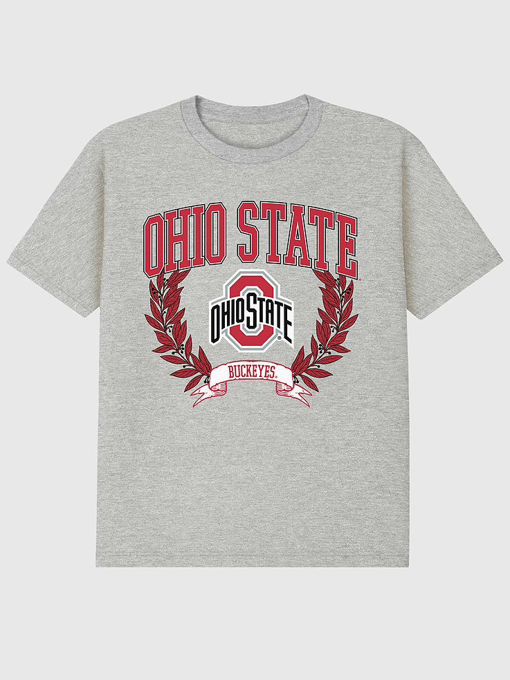 Image 1 of 4, 6oz Heavyweight T-shirt., Relaxed, contemporary fit., Hits at the hip., Crewneck., Short sleeves., Officially licensed The Ohio State University Laurels Dark graphic at the front. Trevco partners with Gap on DTC licensed merch from the coolest brands, TV shows, and movies. Trusted by more than 1, 200 brands worldwide and 600+ American colleges & universities, Trevco is a premier provider of officially licensed apparel., This item is printed on demand.