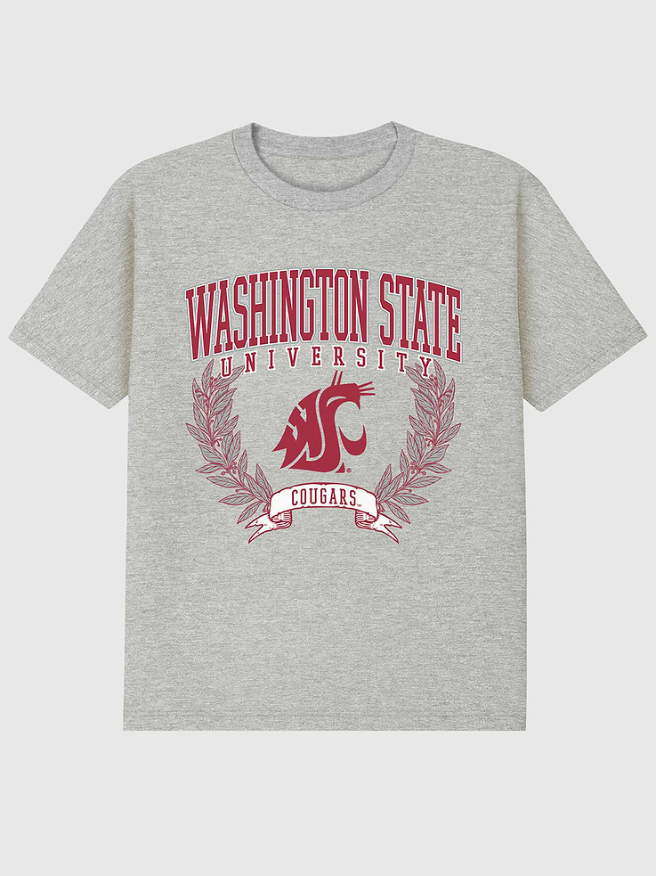 Image 1 of 4, 6oz Heavyweight T-shirt., Relaxed, contemporary fit., Hits at the hip., Crewneck., Short sleeves., Officially licensed Washington State University Laurels Dark graphic at the front. Trevco partners with Gap on DTC licensed merch from the coolest brands, TV shows, and movies. Trusted by more than 1, 200 brands worldwide and 600+ American colleges & universities, Trevco is a premier provider of officially licensed apparel., This item is printed on demand.