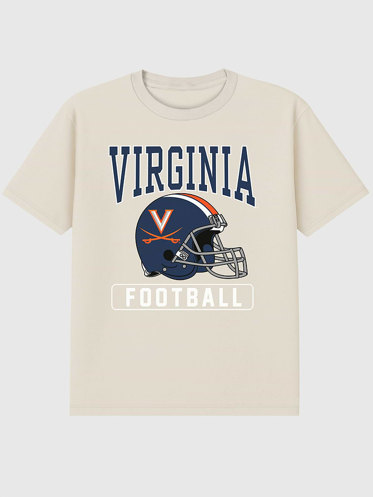 Image 1 of 4, 6oz Heavyweight T-shirt., Relaxed, contemporary fit., Hits at the hip., Crewneck., Short sleeves., Officially licensed University Of Virginia Football Helmet graphic at the front. Trevco partners with Gap on DTC licensed merch from the coolest brands, TV shows, and movies. Trusted by more than 1, 200 brands worldwide and 600+ American colleges & universities, Trevco is a premier provider of officially licensed apparel., This item is printed on demand.