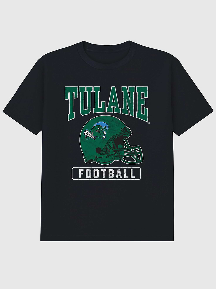 Image 1 of 4, 6oz Heavyweight T-shirt., Relaxed, contemporary fit., Hits at the hip., Crewneck., Short sleeves., Officially licensed Tulane University Football Helmet graphic at the front. Trevco partners with Gap on DTC licensed merch from the coolest brands, TV shows, and movies. Trusted by more than 1, 200 brands worldwide and 600+ American colleges & universities, Trevco is a premier provider of officially licensed apparel., This item is printed on demand.