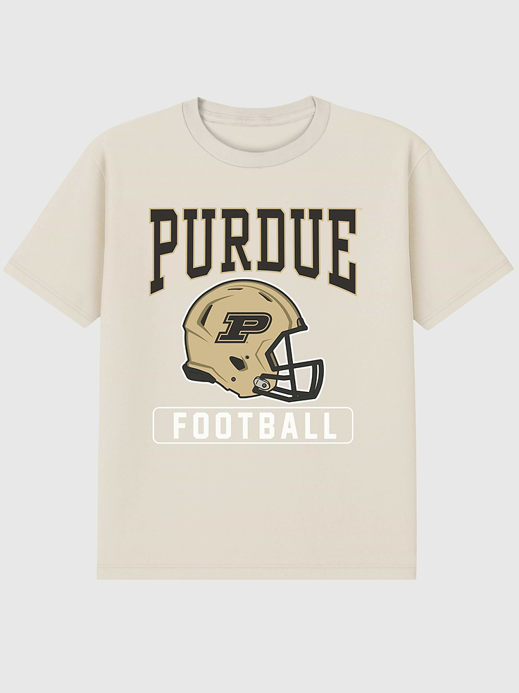 Image 1 of 4, 6oz Heavyweight T-shirt., Relaxed, contemporary fit., Hits at the hip., Crewneck., Short sleeves., Officially licensed Purdue University Football Helmet graphic at the front. Trevco partners with Gap on DTC licensed merch from the coolest brands, TV shows, and movies. Trusted by more than 1, 200 brands worldwide and 600+ American colleges & universities, Trevco is a premier provider of officially licensed apparel., This item is printed on demand.