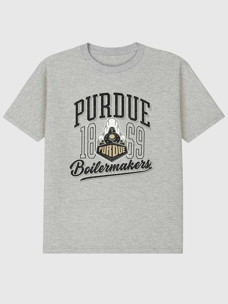 Image 1 of 4, 6oz Heavyweight T-shirt., Relaxed, contemporary fit., Hits at the hip., Crewneck., Short sleeves., Officially licensed Purdue University Classic Vintage Script Emblem Light graphic at the front. Trevco partners with Gap on DTC licensed merch from the coolest brands, TV shows, and movies. Trusted by more than 1, 200 brands worldwide and 600+ American colleges & universities, Trevco is a premier provider of officially licensed apparel., This item is printed on demand.
