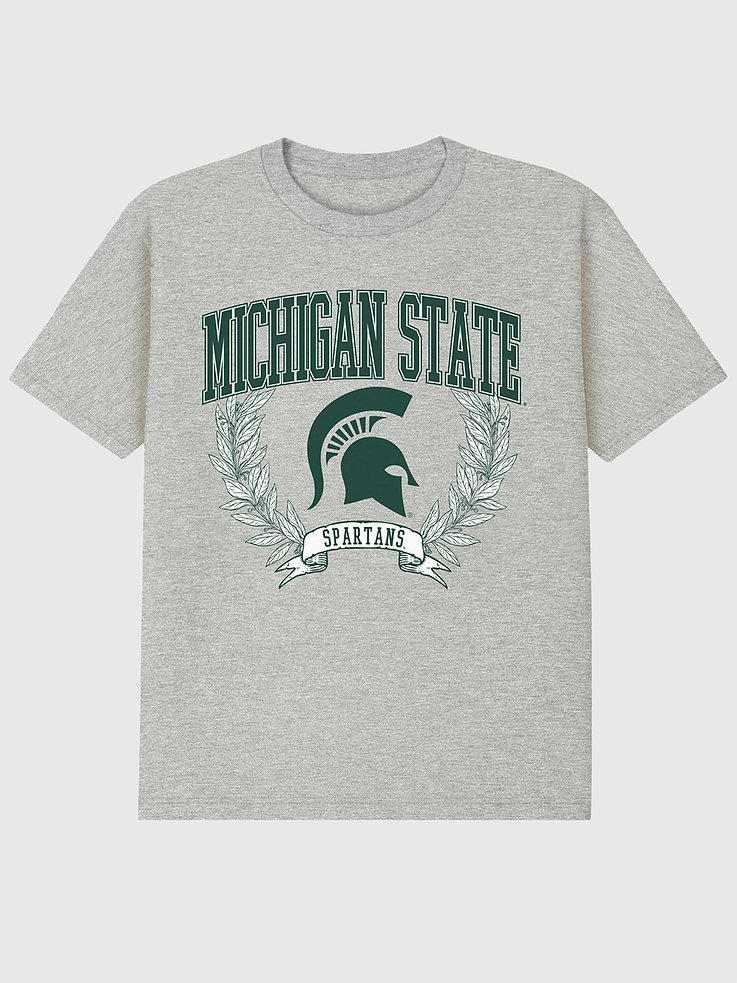 Image 1 of 4, 6oz Heavyweight T-shirt., Relaxed, contemporary fit., Hits at the hip., Crewneck., Short sleeves., Officially licensed Michigan State University Laurels Dark graphic at the front. Trevco partners with Gap on DTC licensed merch from the coolest brands, TV shows, and movies. Trusted by more than 1, 200 brands worldwide and 600+ American colleges & universities, Trevco is a premier provider of officially licensed apparel., This item is printed on demand.