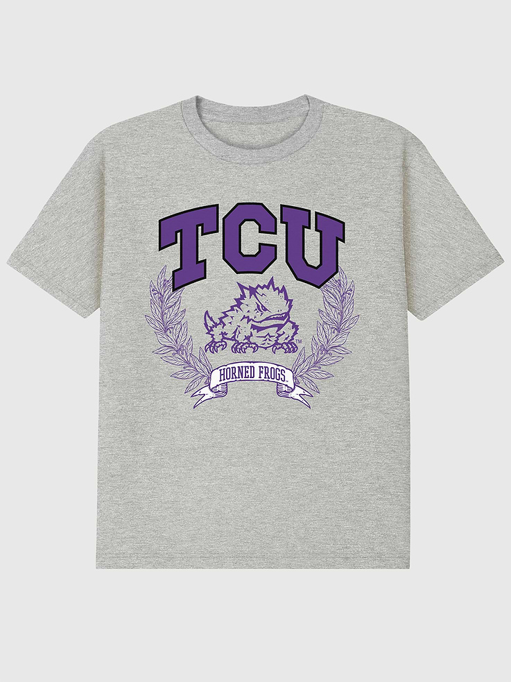 Image 1 of 4, 6oz Heavyweight T-shirt., Relaxed, contemporary fit., Hits at the hip., Crewneck., Short sleeves., Officially licensed Texas Christian University Laurels Dark graphic at the front. Trevco partners with Gap on DTC licensed merch from the coolest brands, TV shows, and movies. Trusted by more than 1, 200 brands worldwide and 600+ American colleges & universities, Trevco is a premier provider of officially licensed apparel., This item is printed on demand.