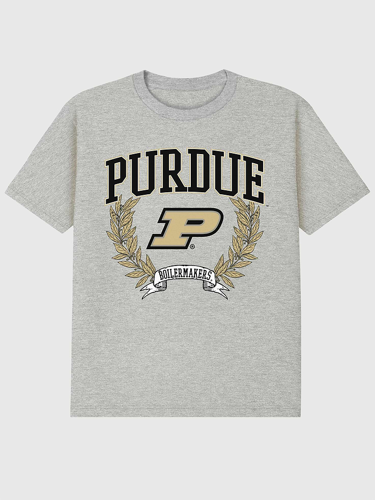 Image 1 of 4, 6oz Heavyweight T-shirt., Relaxed, contemporary fit., Hits at the hip., Crewneck., Short sleeves., Officially licensed Purdue University Laurels Dark graphic at the front. Trevco partners with Gap on DTC licensed merch from the coolest brands, TV shows, and movies. Trusted by more than 1, 200 brands worldwide and 600+ American colleges & universities, Trevco is a premier provider of officially licensed apparel., This item is printed on demand.