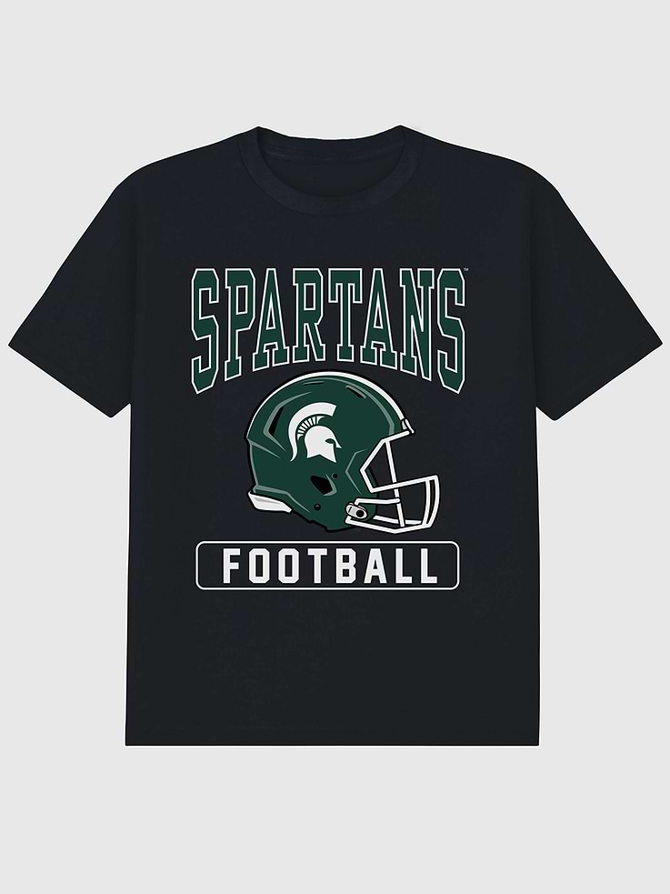 Image 1 of 4, 6oz Heavyweight T-shirt., Relaxed, contemporary fit., Hits at the hip., Crewneck., Short sleeves., Officially licensed Michigan State University Football Helmet graphic at the front. Trevco partners with Gap on DTC licensed merch from the coolest brands, TV shows, and movies. Trusted by more than 1, 200 brands worldwide and 600+ American colleges & universities, Trevco is a premier provider of officially licensed apparel., This item is printed on demand.