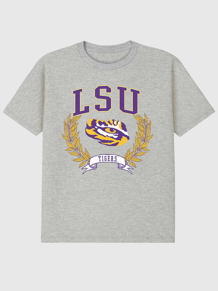 Image 1 of 4, 6oz Heavyweight T-shirt., Relaxed, contemporary fit., Hits at the hip., Crewneck., Short sleeves., Officially licensed Louisiana State University Laurels Dark graphic at the front. Trevco partners with Gap on DTC licensed merch from the coolest brands, TV shows, and movies. Trusted by more than 1, 200 brands worldwide and 600+ American colleges & universities, Trevco is a premier provider of officially licensed apparel., This item is printed on demand.