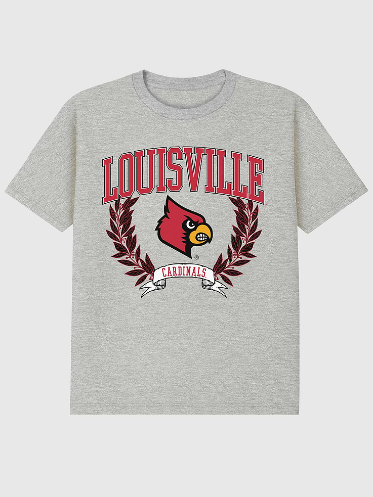 Image 1 of 4, 6oz Heavyweight T-shirt., Relaxed, contemporary fit., Hits at the hip., Crewneck., Short sleeves., Officially licensed University of Louisville Laurels Dark graphic at the front. Trevco partners with Gap on DTC licensed merch from the coolest brands, TV shows, and movies. Trusted by more than 1, 200 brands worldwide and 600+ American colleges & universities, Trevco is a premier provider of officially licensed apparel., This item is printed on demand.
