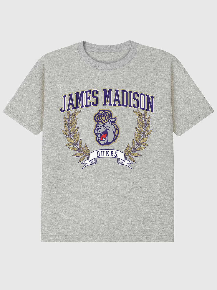 Image 1 of 4, 6oz Heavyweight T-shirt., Relaxed, contemporary fit., Hits at the hip., Crewneck., Short sleeves., Officially licensed James Madison University Laurels Dark graphic at the front. Trevco partners with Gap on DTC licensed merch from the coolest brands, TV shows, and movies. Trusted by more than 1, 200 brands worldwide and 600+ American colleges & universities, Trevco is a premier provider of officially licensed apparel., This item is printed on demand.