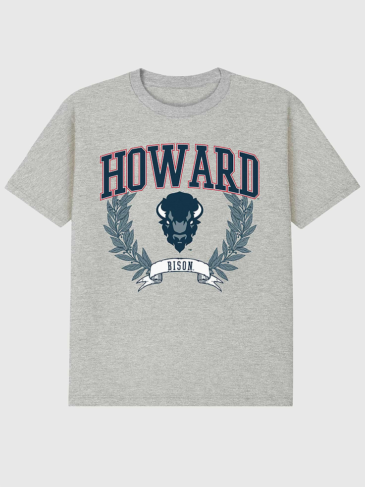 Image 1 of 4, 6oz Heavyweight T-shirt., Relaxed, contemporary fit., Hits at the hip., Crewneck., Short sleeves., Officially licensed Howard University Laurels Dark graphic at the front. Trevco partners with Gap on DTC licensed merch from the coolest brands, TV shows, and movies. Trusted by more than 1, 200 brands worldwide and 600+ American colleges & universities, Trevco is a premier provider of officially licensed apparel., This item is printed on demand.