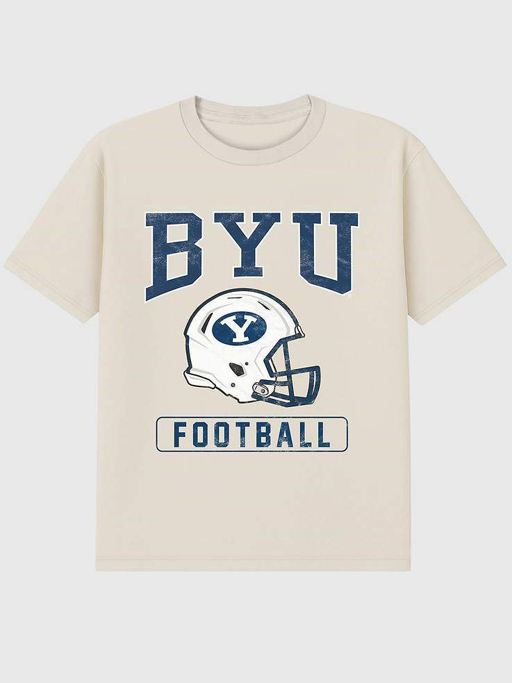 Image 1 of 4, 6oz Heavyweight T-shirt., Relaxed, contemporary fit., Hits at the hip., Crewneck., Short sleeves., Officially licensed Brigham Young University Football graphic at the front. Trevco partners with Gap on DTC licensed merch from the coolest brands, TV shows, and movies. Trusted by more than 1, 200 brands worldwide and 600+ American colleges & universities, Trevco is a premier provider of officially licensed apparel., This item is printed on demand.