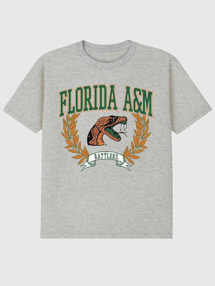 Image 1 of 4, 6oz Heavyweight T-shirt., Relaxed, contemporary fit., Hits at the hip., Crewneck., Short sleeves., Officially licensed Florida AM University Laurels Dark graphic at the front. Trevco partners with Gap on DTC licensed merch from the coolest brands, TV shows, and movies. Trusted by more than 1, 200 brands worldwide and 600+ American colleges & universities, Trevco is a premier provider of officially licensed apparel., This item is printed on demand.