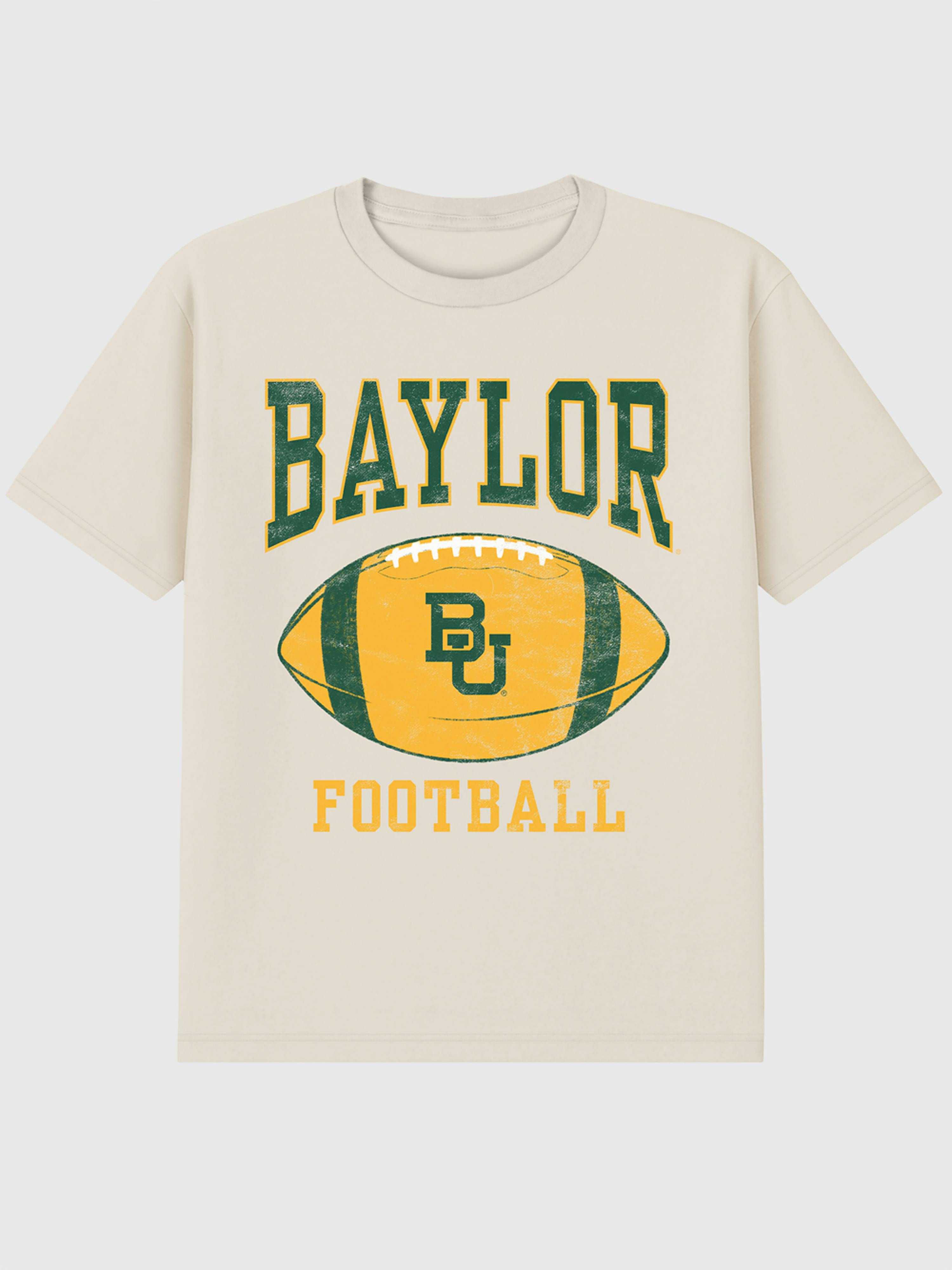 Image 1 of 4, 6oz Heavyweight T-shirt., Relaxed, contemporary fit., Hits at the hip., Crewneck., Short sleeves., Officially licensed Baylor University Football Ball graphic at the front. Trevco partners with Gap on DTC licensed merch from the coolest brands, TV shows, and movies. Trusted by more than 1, 200 brands worldwide and 600+ American colleges & universities, Trevco is a premier provider of officially licensed apparel., This item is printed on demand.