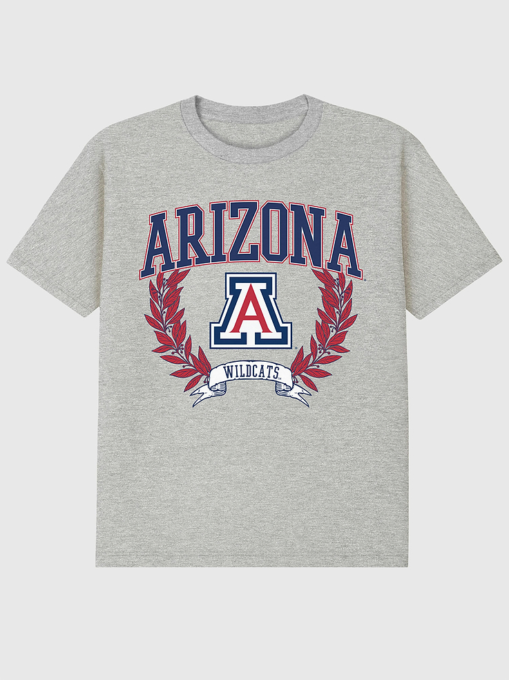Image 1 of 4, 6oz Heavyweight T-shirt., Relaxed, contemporary fit., Hits at the hip., Crewneck., Short sleeves., Officially licensed The University of Arizona Laurels Dark graphic at the front. Trevco partners with Gap on DTC licensed merch from the coolest brands, TV shows, and movies. Trusted by more than 1, 200 brands worldwide and 600+ American colleges & universities, Trevco is a premier provider of officially licensed apparel., This item is printed on demand.