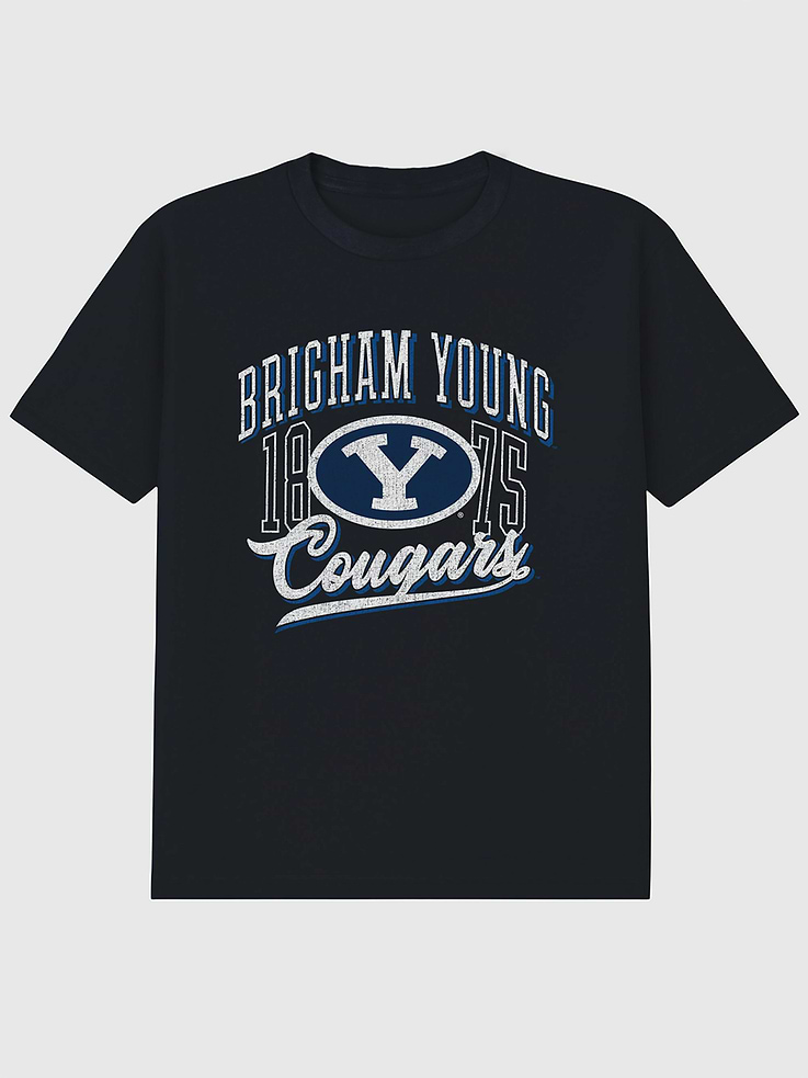Image 1 of 4, 6oz Heavyweight T-shirt., Relaxed, contemporary fit., Hits at the hip., Crewneck., Short sleeves., Officially licensed Brigham Young University Classic Vintage Script Emblem Dark graphic at the front. Trevco partners with Gap on DTC licensed merch from the coolest brands, TV shows, and movies. Trusted by more than 1, 200 brands worldwide and 600+ American colleges & universities, Trevco is a premier provider of officially licensed apparel., This item is printed on demand.