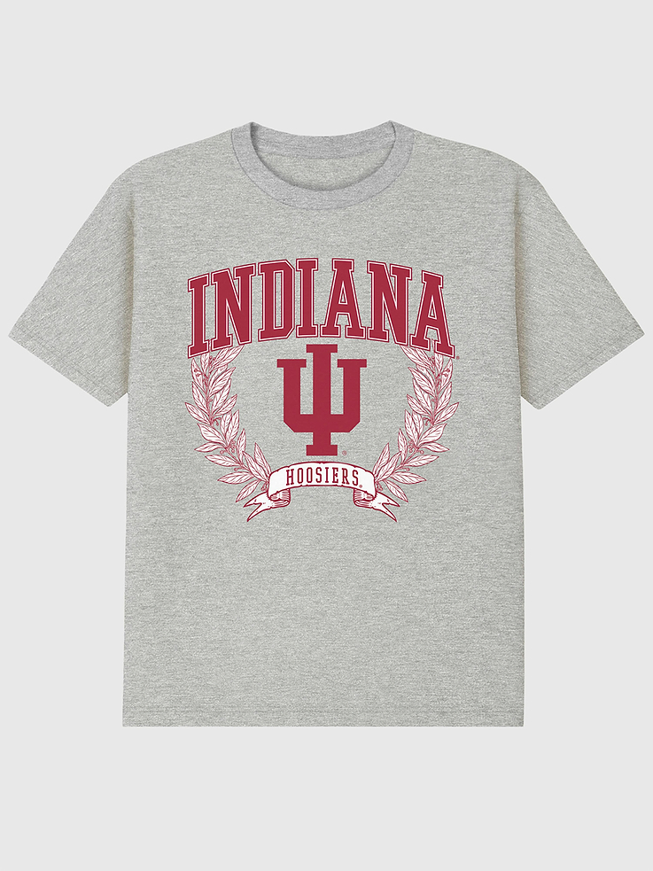Image 1 of 4, 6oz Heavyweight T-shirt., Relaxed, contemporary fit., Hits at the hip., Crewneck., Short sleeves., Officially licensed Indiana University Laurels Dark graphic at the front. Trevco partners with Gap on DTC licensed merch from the coolest brands, TV shows, and movies. Trusted by more than 1, 200 brands worldwide and 600+ American colleges & universities, Trevco is a premier provider of officially licensed apparel., This item is printed on demand.
