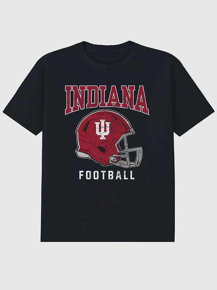 Image 1 of 4, 6oz Heavyweight T-shirt., Relaxed, contemporary fit., Hits at the hip., Crewneck., Short sleeves., Officially licensed Indiana University Football Helmet graphic at the front. Trevco partners with Gap on DTC licensed merch from the coolest brands, TV shows, and movies. Trusted by more than 1, 200 brands worldwide and 600+ American colleges & universities, Trevco is a premier provider of officially licensed apparel., This item is printed on demand.